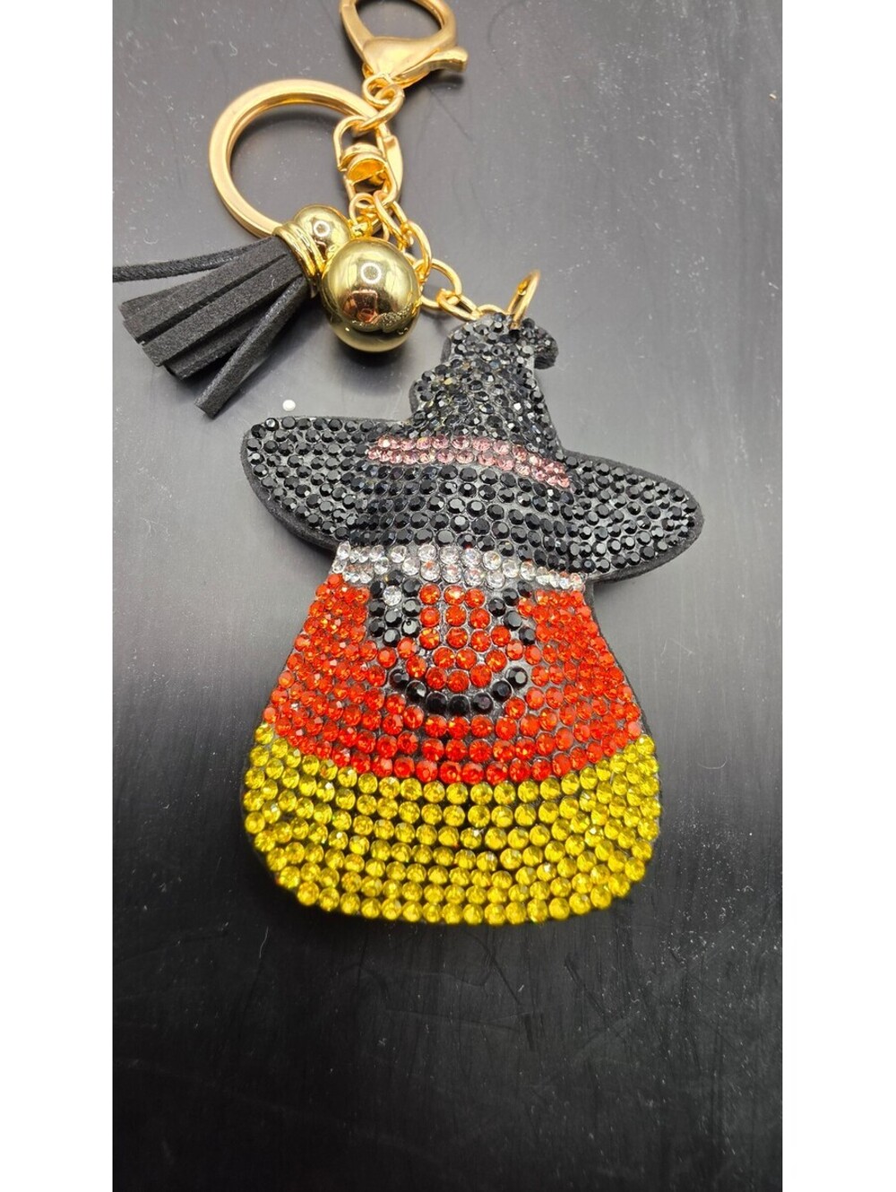 Halloween Candy Corn Rhinestone Keychain with Witch Hat